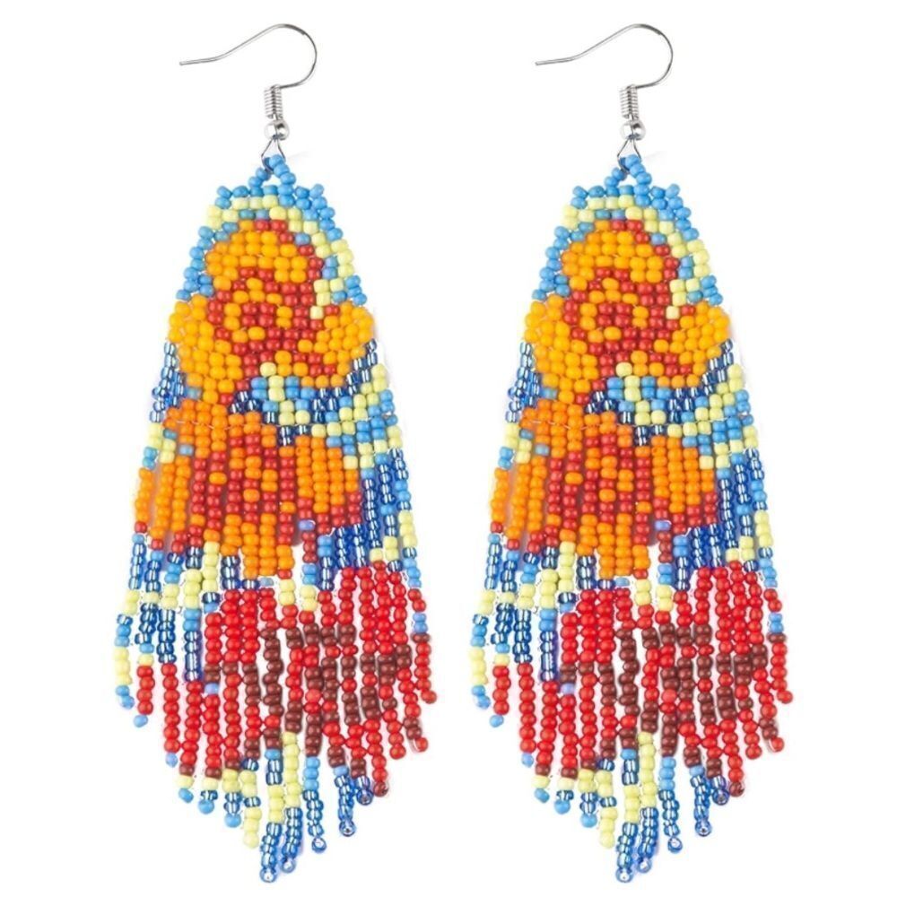 Flower Bohemian Seed Bead Tassel Dangling Statement French Wire Hook Earrings